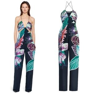 Roberto Cavalli Exotic Floral Print Strappy Silk Jumpsuit Size XS NWT Navy